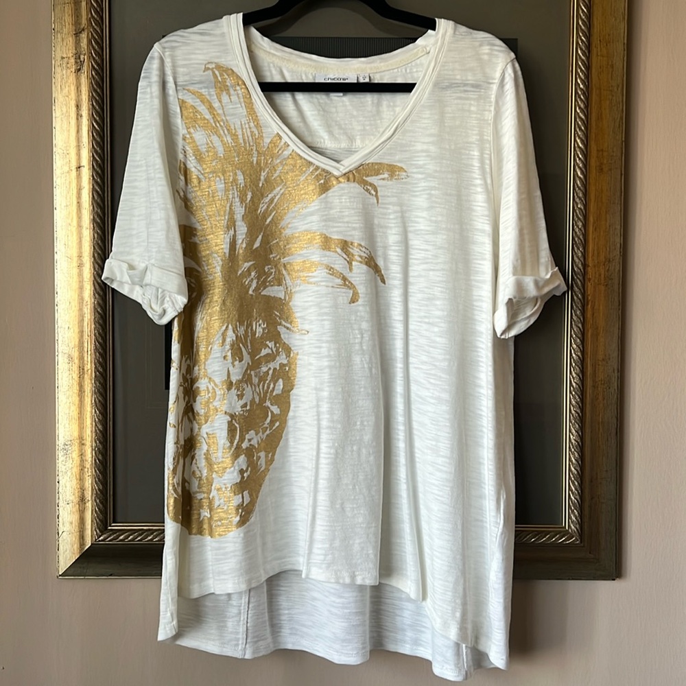 Chico’s White Pineapple Seamed Slub Tee 1 Medium